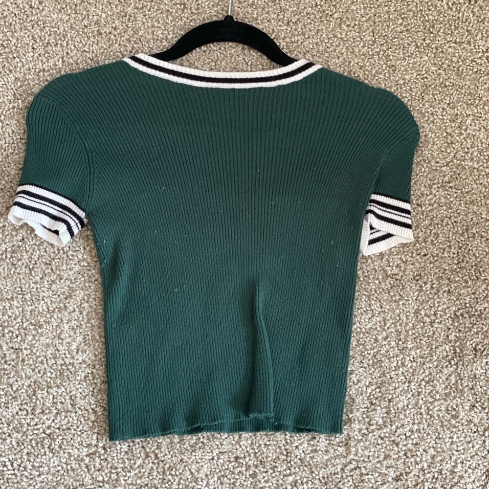 Green Knitted Short Sleeve Crop Top with Stripe Detailing. Small. Like New